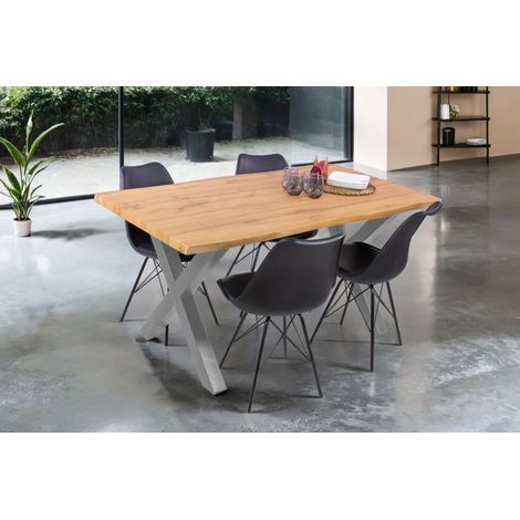 Esstisch Baumkante Holz-Optik Wildeiche 160 x 85 X-Gestell silber JOSY (1/5)
