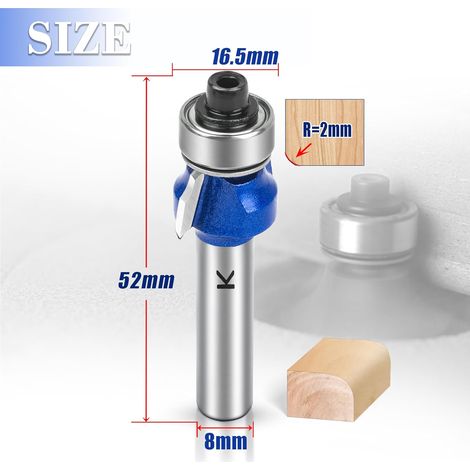 Radius Fraise à arrondir 2 mm avec tige de 8 mm, en carbure de tungstène, embouts de fraisage, embouts de défonceuse, fraise à bords pour le travail du bois