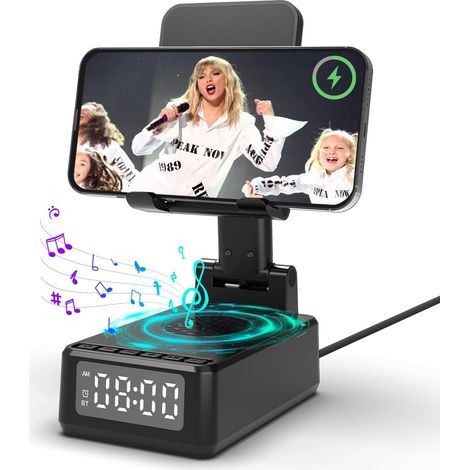 Enceinte Bluetooth Portable 5 en1,Reveil Matin,Chargeur sans fil,Support pliable pour téléphone portable Bureau, Cadeau Homme Anniversaire,Original utile Cadeau pour Homme,Femme,papa,Ado,collegue