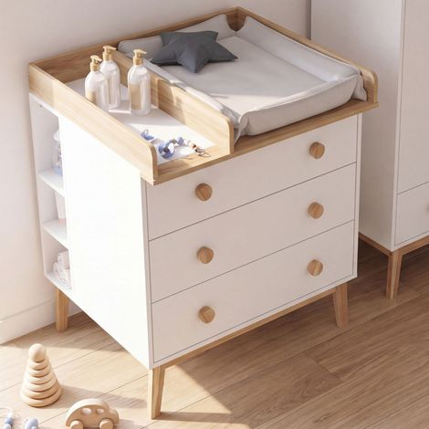 Cómoda cambiador JACOB en blanco y madera, con 3 cajones, cambiador extraíble y 2 estantes (1/5)