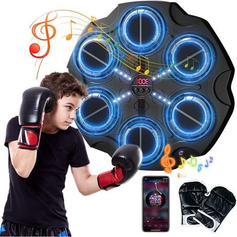 Machine de boxe musicale enfant – LED, Bluetooth, écran score – 3 vitesses, gants inclus – Installation murale (1/5)