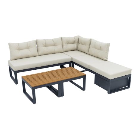 Gartenmöbel Set Lounge für Terrasse, Balkon und Garten, Beige, mit Tisch, Stauraum, Liegefunktion und Verstellbarer Rückenlehne
