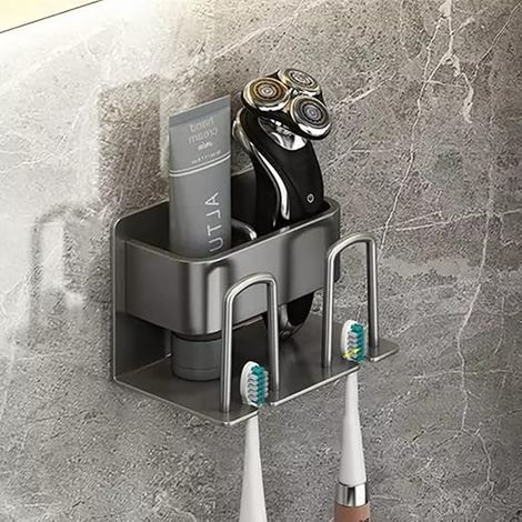 Porte Brosse à Dents Mural sans Perçage, Support de Brosse à Dents électrique, Porte Brosse à Dents Adhésif avec 2 Tasses Support + 2 Fentes Têtes de Brosses à Dents Étagère (1/5)