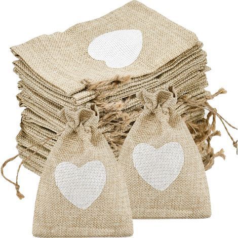 Lot de 30 sacs en jute, petits sacs en forme de cœur, 10 x 14 cm, sacs cadeaux en jute avec étiquettes en forme de cœur, petits sacs à remplir, sacs en jute, sacs en lin pour cadeaux de mariage, bonbo