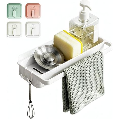 Porte-éponge Blanc avec 4 Crochets pour Organiseur d'évier à Suspendre sans perçage, étagère Murale de Rangement pour Cuisine avec bac de récupération (1/5)
