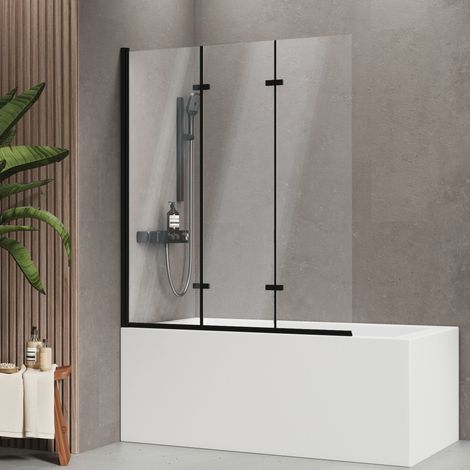 EMKE Badewannenfaltwand 140x120 cm Schwarz, 3-teilig, Duschwand für badewanne 6mm ESG Sicherheitsglas mit Nano-Beschichtung