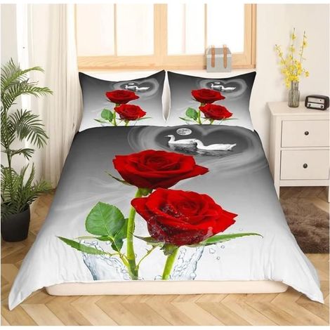 Roses Rouges Housse de Couette 200x200cm cygnes Couples Sets de Housse de Couette Romantique Roses Fleurs Parure Lit Réversible- (1/4)