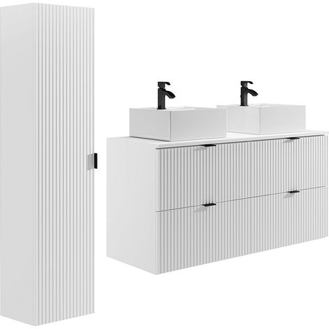 Mobile per bagno sospeso con scanalature con lavabo da appoggio quadrato e colonna - Bianco opaco - 120 cm - ZEVINI