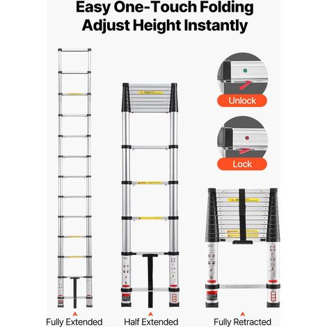 Échelle télescopique 3,8m en aluminium, pliable multi-usage, rétractable d'une seule main, charge max 150kg, pieds antidérapants, maison, extérieur, mezzanine (1/5)