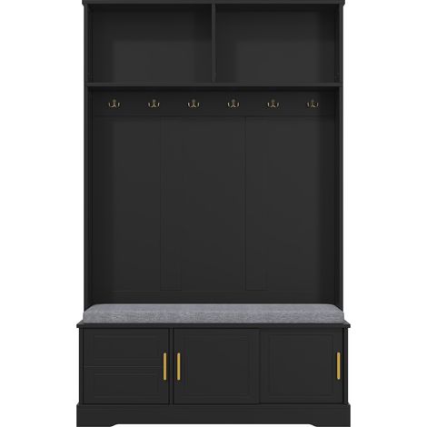 Appendiabiti da terra con panca scarpiera, 6 ganci tripli, nero, 120 x 40 x 191 cm, HOMVRA (1/5)