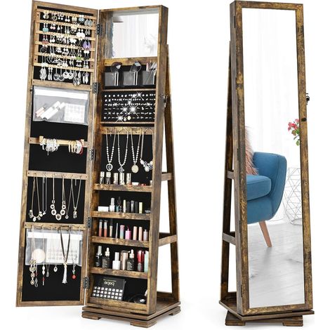 COSTWAY Armoire à Bijoux Pivotante à 360 Degrés, avec Grand Miroir Psyché et Etagère de Rangement à L’Arrière Brun rustique (1/5)