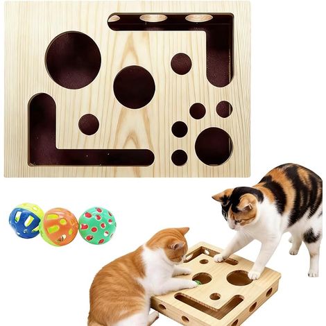 Wooden Cat Play Box, Cat Scratching Post with Balls and Sandpaper, Cat Scratcher Puzzle Double Layer Interactive Toy for Indoor Cat (1/5)