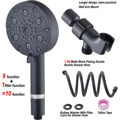 BEBUSINGOTO Pommeau de douche filtré avec main, haute pression, 9 modes de pulvérisation, pomme de douche noir mat avec filtres, pomme de douche amovible, adoucisseur d'eau (1/5)