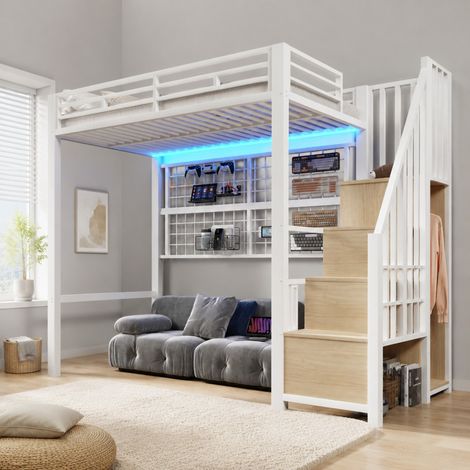 Letto a soppalco per bambini 90x200 cm in metallo bianco, salvaspazio, senza materasso FloraGrace