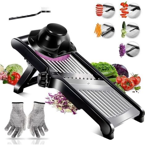 Affettatrice a mandolina multifunzionale da cucina, in acciaio inox, professionale, con spessore di fetta regolabile - Spazzola per la pulizia e guanti antitaglio inclusi. (1/4)