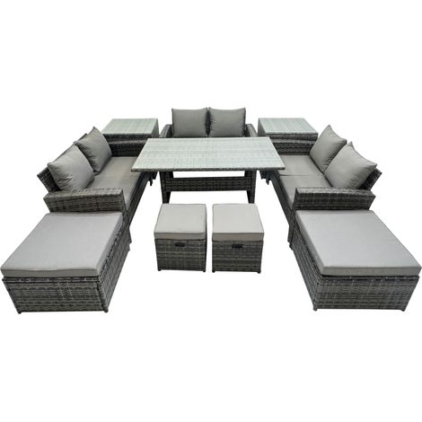 Fimous 10 Seater Wicker PE Rattan Furniture Outdoor Dining Table Double Seat Sofa 2 Side Tables 4 Stools Set Dark Grey Mixed (1/4)