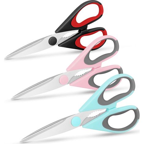Lot de 3 ciseaux de cuisine amovibles, lames en acier inoxydable, poignée souple, multi-usages, noir, bleu ciel, rose (1/5)