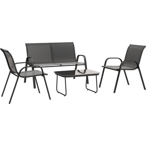 Ensemble de jardin avec canapé 2 places, 2 fauteuils empilables et table basse en verre, noir