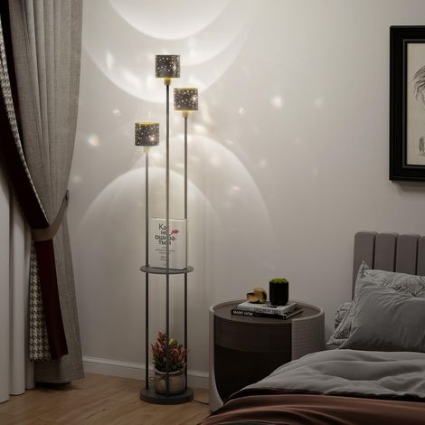 Lampadaire sur Pied 3 Abat-Jours Étoilés 2 Étagères Lampe Liseuse Interrupteur au Pied, Douille E14, Lampe de Lecture, Lampadaire sur Pied Salon Noir, Sans Ampoule (1/5)