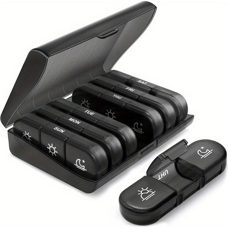 Set di due pezzi di ricambio, 3 scomparti per 7 giorni, scatola portatile, con un ampio scomparto indipendente (nero). (1/5)