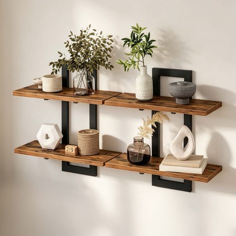 Relaxdays, mensole da parete set di 2, MDF/metallo, per cucina e bagno, HxLxP: 40 x 38 x 13,5 cm, marrone vintage (1/5)
