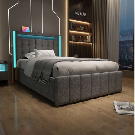 Lit avec rangement en tissu effet lin gris 90x200 cm, USB/Type-C intégrés, LED, 2 tiroirs, sommier à lattes + matelas inclus (1/5)
