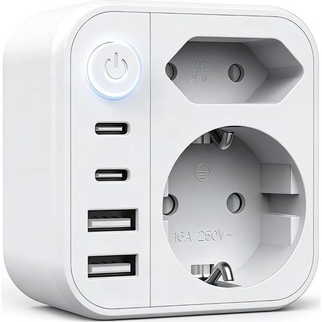 Multiprise USB, Multiprise Murale, Prise Multiple 6-en-1, Multiprise avec 2 Ports USB A & 2 USB C, Prise Murale avec Interrupteur, Double Prise pour Maison, Bureau, Voyage, Blanco (1/5)