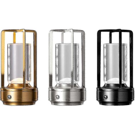 Lámpara de mesa tipo farol de cristal con LED inalámbrico recargable de 3 colores y base metálica. (1/5)