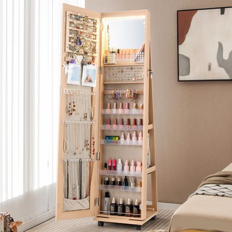 Armoire à bijoux sur pied naturelle de 163 cm avec miroir LED intégré et compartiments de rangement pour chambre dressing et (1/3)
