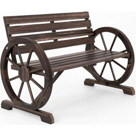 Banco de jardín vintage de 2-3 plazas en madera oscura con reposabrazos de rueda de carro, respaldo alto y diseño rústico chic para terraza y balcón  CHICFURN (1/5)