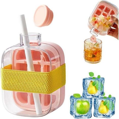 2-in-1-Eisflasche, Eisflasche mit Strohhalm, Eiswürfelform zum Herausdrücken für Zuhause (500 ml) – Rosa (1/5)