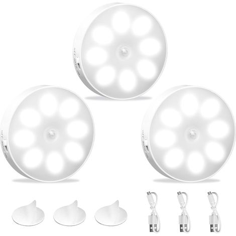Set mit 3 automatischen, per USB aufladbaren LED-Lampen, 6000K Induktions-LED-Nachtlichter mit 8 kaltweißen LEDs, Bewegungsmelder-Nachtlichter für den Innenbereich, Auto/Ein/Aus, für Flur und Treppenh