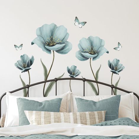 Stickers Muraux Fleuri Autocollants Muraux Fleurs Vintage Sticker Mural Papillon Bleu pour Femmes Adultes Salons Chambres Maison Bureaux Canapé Fond Décoration Murale (1/5)