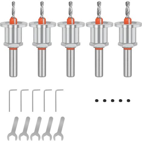 Juego de 5 brocas para biselar, broca avellanadora cónica de 8 mm para madera, llave hexagonal y tornillo para taladrar madera (2,8,3,0,3,2,3,5,4 mm)