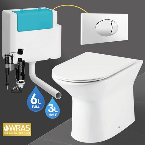 Rimless D Shape Back to Wall Toilet Pan, Seat & BTW Concealed Cistern with Dual Flush Button Plate (1/4)