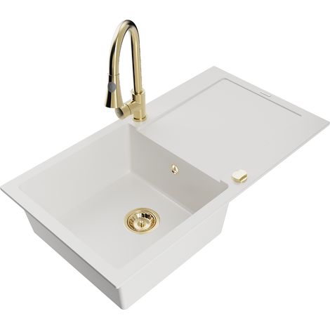 Mexen Leo lavello da cucina in granito 1 vasca con sgocciolatoio e rubinetto Elia, bianco - 6501-20-670101-50 (1/5)