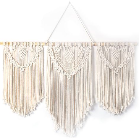 Grande tapisserie murale en macramé, tapisserie bohème tissée avec pompons en forme de feuilles, décoration murale en macramé de corde de coton pour chambre ou salon, 110 x 80 cm (1/5)