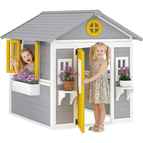 Cabane de jardin en bois pour enfants de 3 à 8 ans, avec fenêtres, toit en pente, pots et jardinières, grise (1/5)