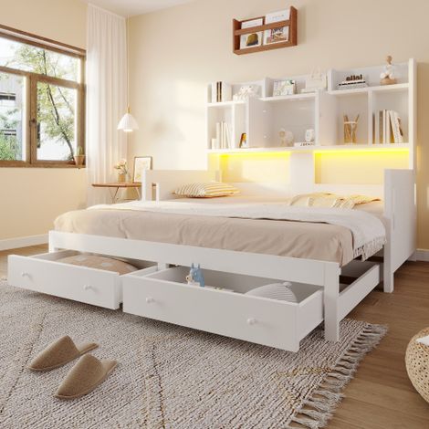 Divano letto multifunzionale allungabile in legno con cassetti, ripiani, armadietti e vani a giorno, dotato di prese e illuminazione a LED, letto per ospiti, bianco (1/5)
