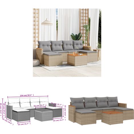 7-tlg. Garten-Sofagarnitur mit Kissen Beige Poly Rattan - Gartenmöbel Set - PE-Rattan Möbel - Outdoor Sofa - Lounge Set - Esstisch - Home & Living (1/3)