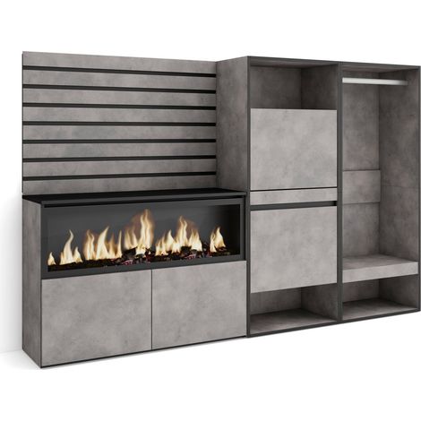 Skraut Home - Aparador, Con almacenamiento, 227x145x35 cm, Dormitorio, habitación, Chimenea eléctrica XXL, Zapatero, Vestidor abierto, Estilo Moderno, Gris Cemento (1/5)
