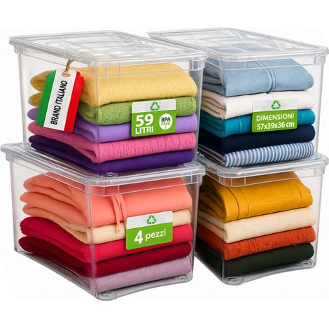 4 Pezzi Storage Box Marea Contenitori Trasparenti Plastica 59L x 4Pz 57x39x36 cm (1/5)