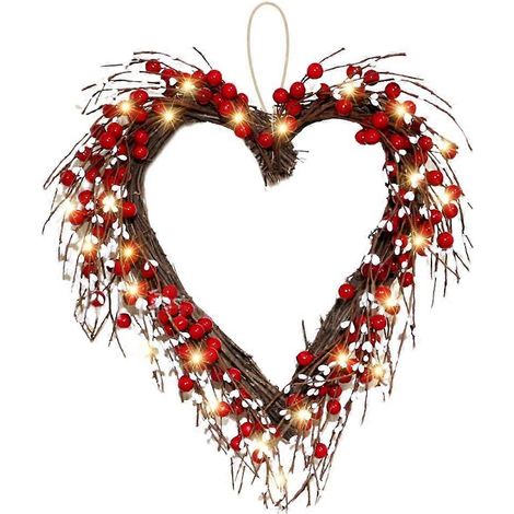Valentinstag-Türkranz mit roten Beeren, herzförmig, mit 20 batteriebetriebenen LEDs, für drinnen und draußen – Dekoration für Valentinstagsfeiern (1/5)