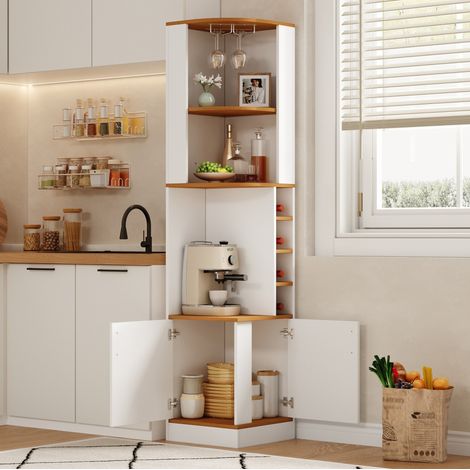 Mueble esquinero para vino 40x40x182 cm con soporte para copas, almacenamiento cerrado, para cocina y salón, MDF - blanco (1/5)