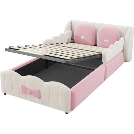Cama infantil tapizada 90 x 200 cm en terciopelo con almacenaje hidráulico y 2 cojines (1/5)