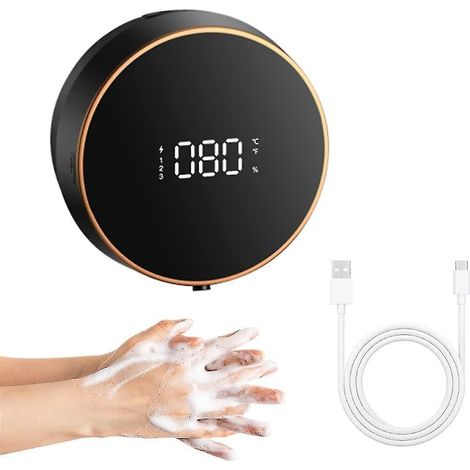 Distributeur de savon automatique mural, distributeur de savon électrique rechargeable avec affichage de la température, convient aux enfants et aux adultes (noir) (1/4)