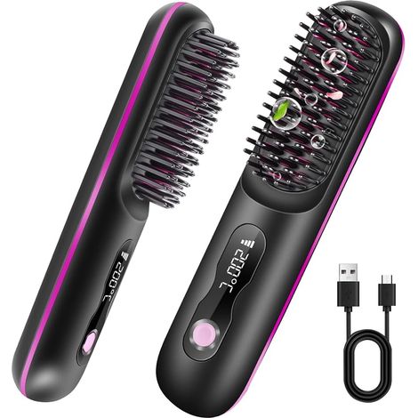 Brosse Lissante Sans Fil, Mini Lisseur Sans Fil Anti-BrûLure Brosse Chauffante Portable Fers à Lisser Négatifs Ions 140°C-200°C 4 Réglages de Température avec Affichage LED et USB, Noir (1/5)