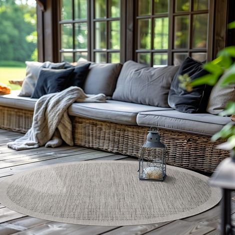 Tapis intérieur extérieur Rond 160 cm Gris uni Lavable imperméable Tissage Plat idéal pour Balcon terrasse Jardin et Cuisine (1/5)