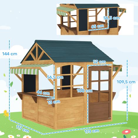 AIYAPLAY Grande maison de jardin pour enfants en bois de sapin avec cuisine, 4 fenêtres, demi-porte, banc, étagère et toit, pour 3-8 ans, 171,5 x 146