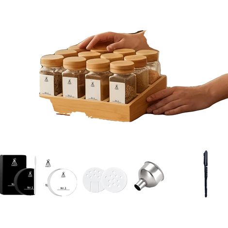 Gewürzglas-Set, langlebige Bambusablage, Glasbehälter, 13PCS (1/2)